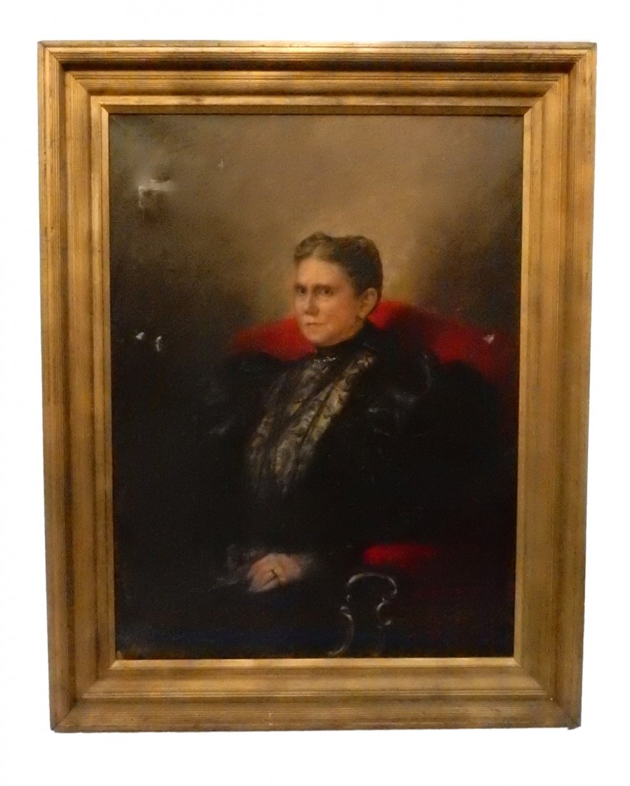 Carl Kahler, Portrait of a Lady: Oil on canvas. Signed top left and inscribed " '97, N.Y.". [Art: 29 1/4" W x 39 1/8" H; Frame: 38 1/4" W x 48 1/8" H]. Soiling and punctures. From Martin Parker / Spencertown Art and Antique Company.