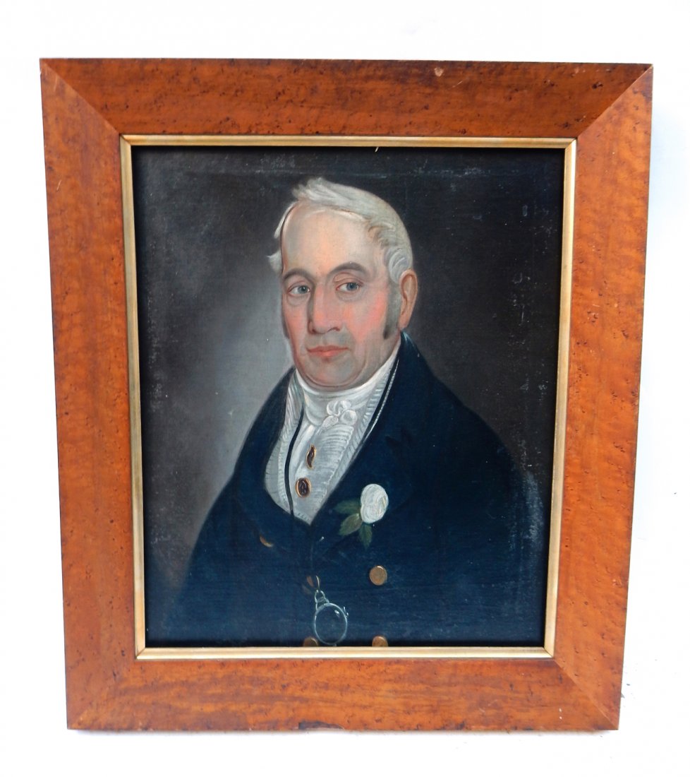 Attr. A.Phillips, Portrait of a Gentleman: Attributed Ammi Phillips. Oil on canvas. Early 19th Century American. [Art: 18 1/4" W x 22 1/4" H; Bird's Eye Walnut Frame: 24 1/2" W x 28 1/2" H]. Relined. Soiling and stretcher impression. From Mart