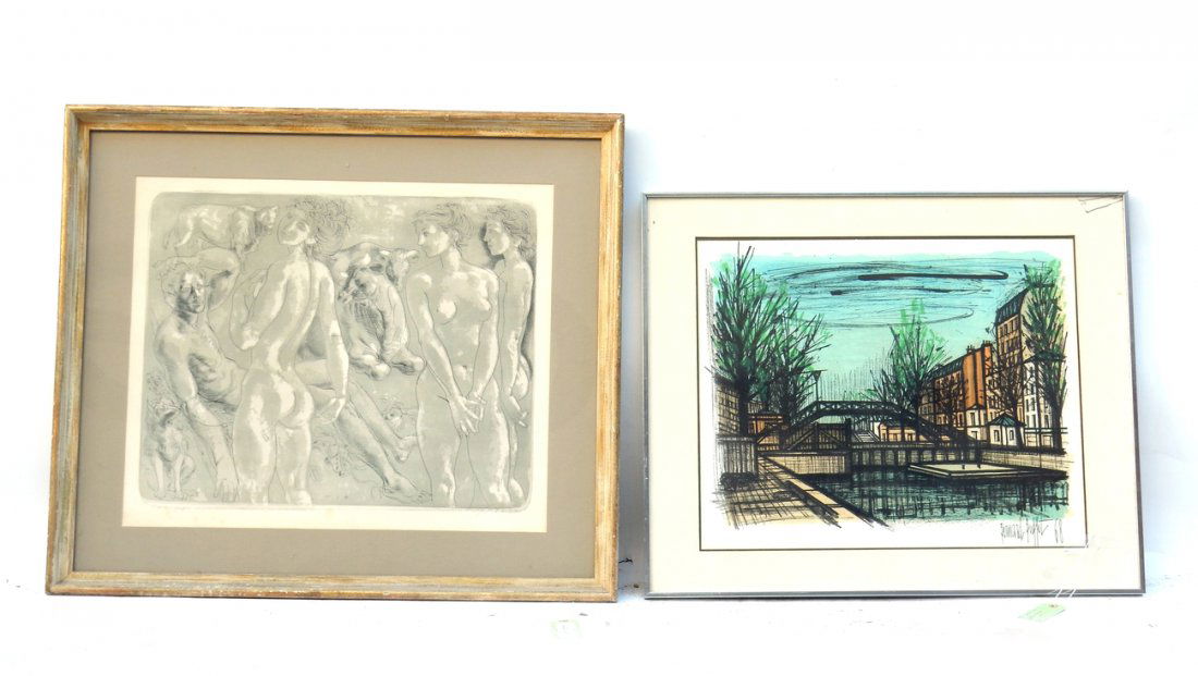 Hans Erni and B. Buffet Lithographs: Comprises: 1.) Hans Erni lithograph depicting nude figures with bulls. Signed bottom right and numbered left "16/100". [Image: 23" W x 16 1/2" H; Frame: 29 1/4" W x 24 1/4" H]. 2.) Bernard Buffet cana