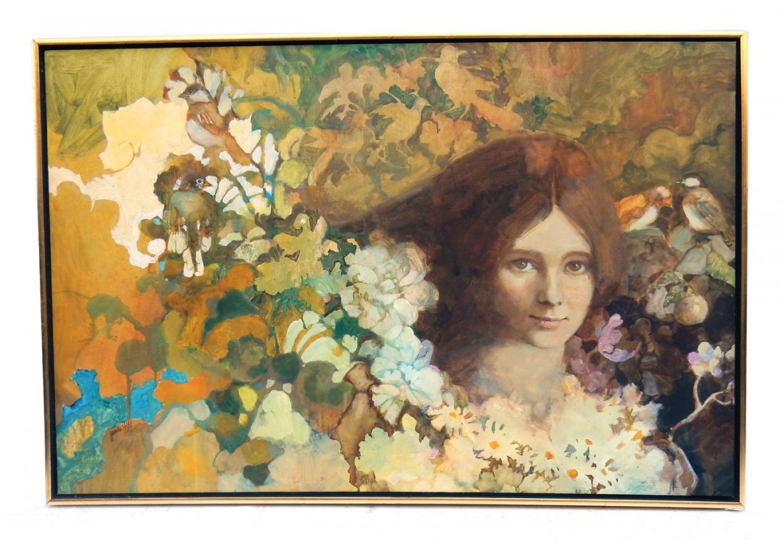 James Hill, Portrait of a Woman: Oil on canvas. Portrait of a woman with flowers. Signed bottom right. [Art: 41" W x 27" H; Frame: 42" W x 28" H]. Soiling. From Martin Parker / Spencertown Art and Antique Company.