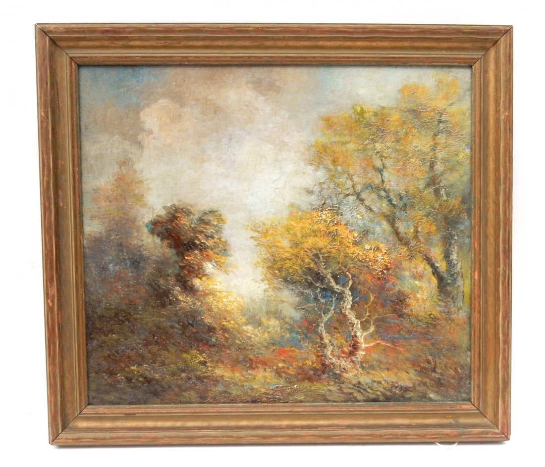 Antique Impressionist Landscape: Oil on canvas. Unsigned. [Art: 16"W x 13 3/4" H; Frame: 19" W x 16 3/4" H]. Soiling and areas of craquelure with two small losses. From Martin Parker / Spencertown Art and Antique Company.