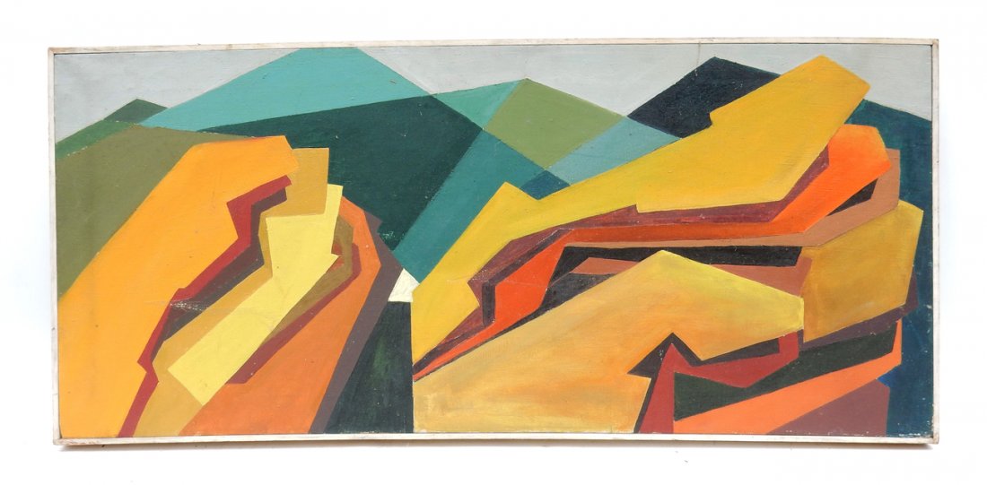 Vintage Modern Cubist Abstract: Oil on canvas. Unsigned. In a lathe wood frame. [Art: 16" W x 36 1/8" H]. Scuffs and soiling. From Martin Parker / Spencertown Art and Antique Company.