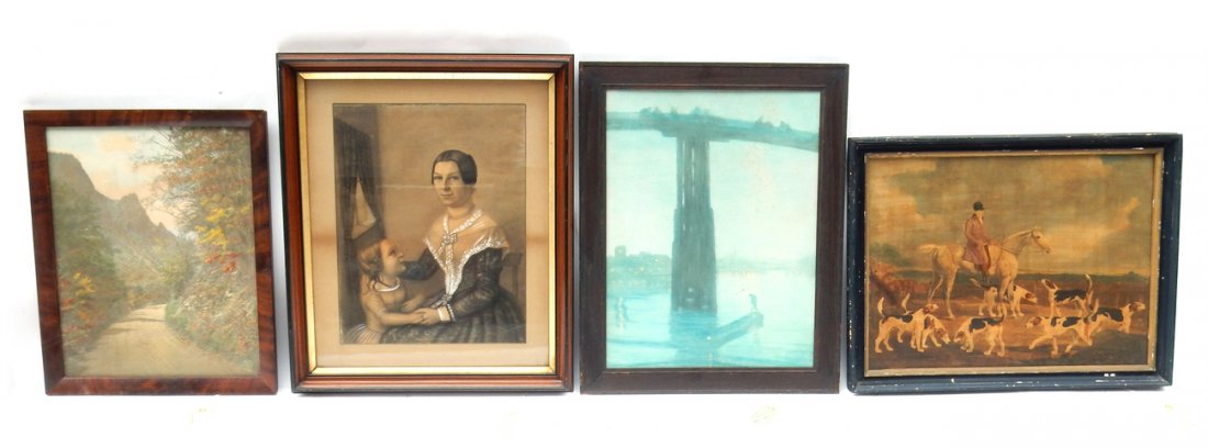 4 Vintage and Antique Embellished Prints: Various periods and styles, including a landscape, family portrait, bridge, & hunt scene [Images from 18 3/4" W x 14 3/4" H to 21 1/2" W x 16 3/4" H]. All framed. Conditions vary, all sold together "a
