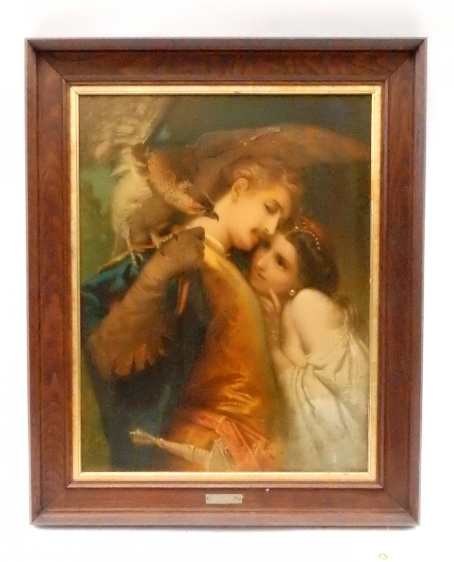 U. Borzino, Falconeer with Lover: Oil on canvas. Signed bottom left and inscribed "Milano". Bears second illegible signature bottom right. [Art: 21" W x 26 3/4" H; Frame: 26 1/2" W x 33 1/4" H]. Few abrasions and repair at lower right