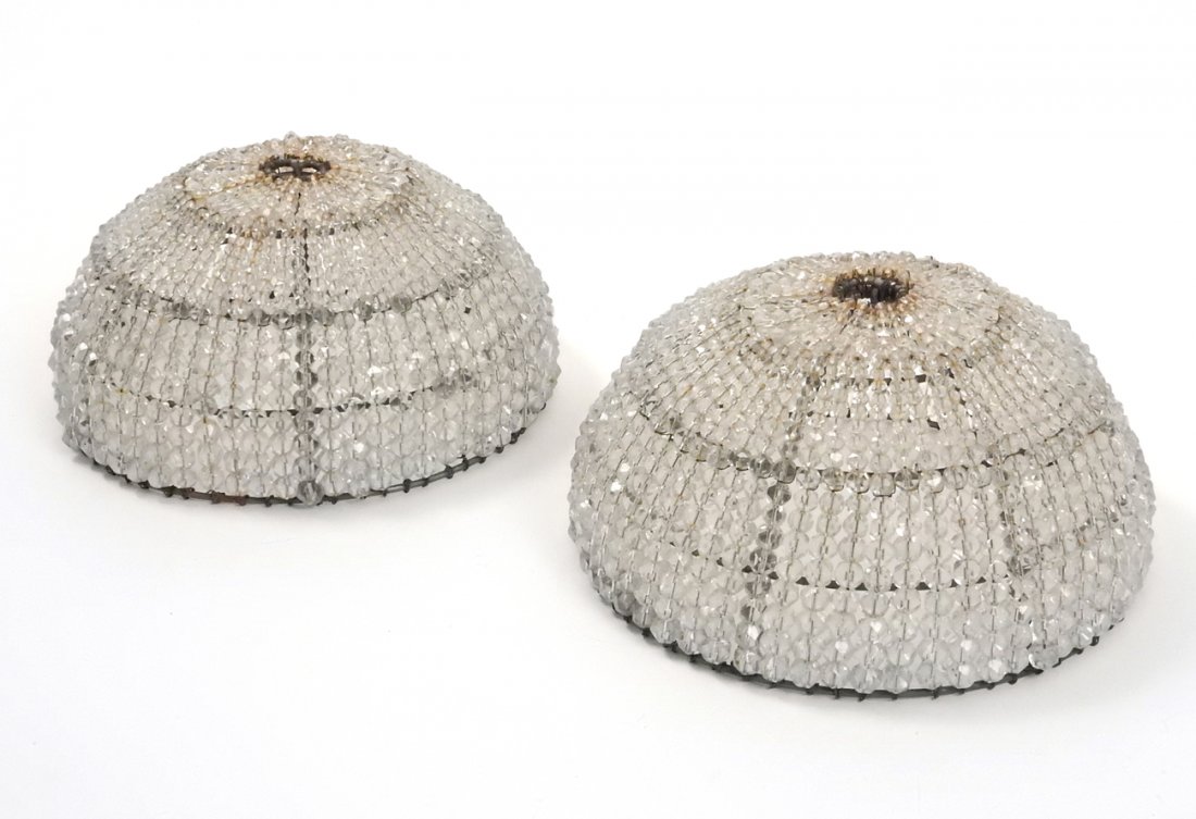 Pair of Beaded Glass Ceiling Shades: Each comprised of over 60 strands of graduated glass beads. [Each: 8 1/2" Dia x 4" H]. Some oxidation.