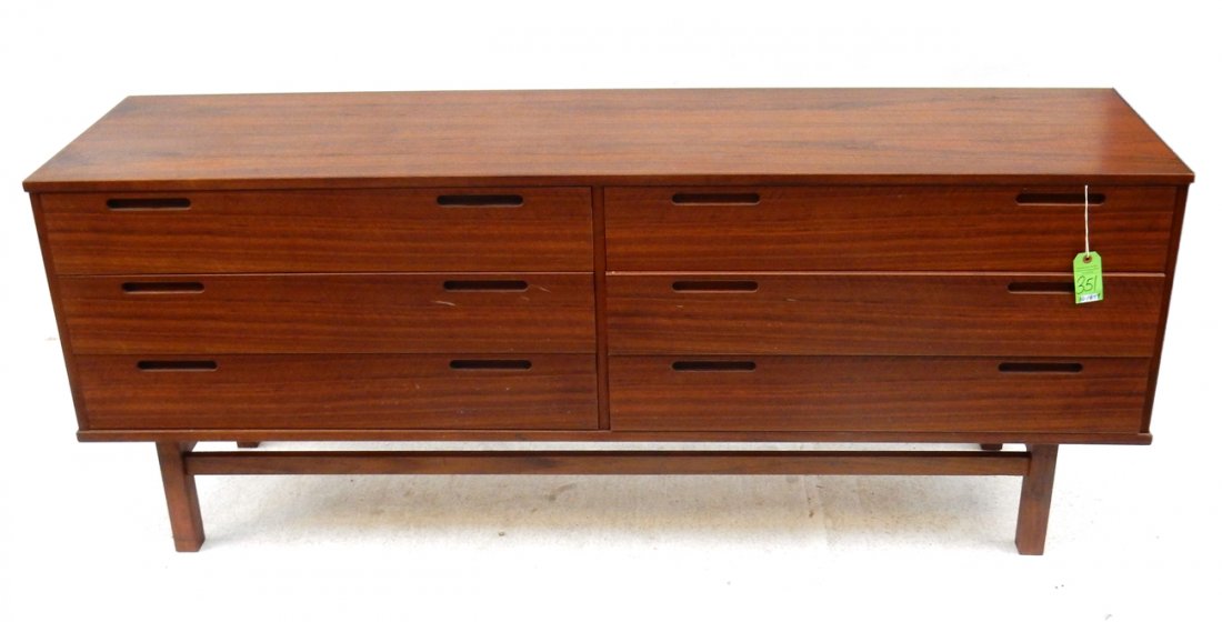 Danish Modern Sideboard: Danish modern six-drawer sideboard. [71" L x 17 3/4" D x 29" H]. Some scratches, needs polishing. From Martin Parker / Spencertown Art and Antique Company.