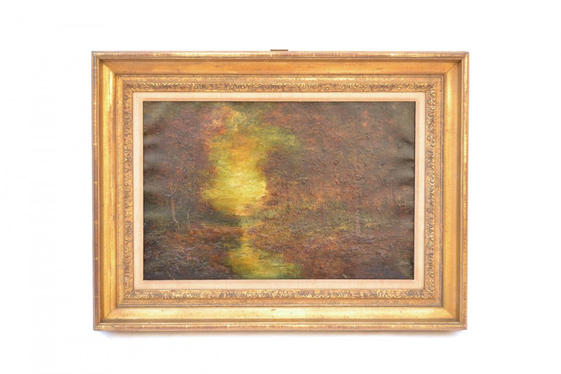Attr. Henry Ward Ranger, River Landscape: Oil on canvas. Depicts an autumn river landscape in the moments just after sunset. Signed bottom right. [Art: 23 1/4" W x 15 1/2" H; Frame: 32" W x 24" H]. Heavy impasto. Buckling, craquelure, and are