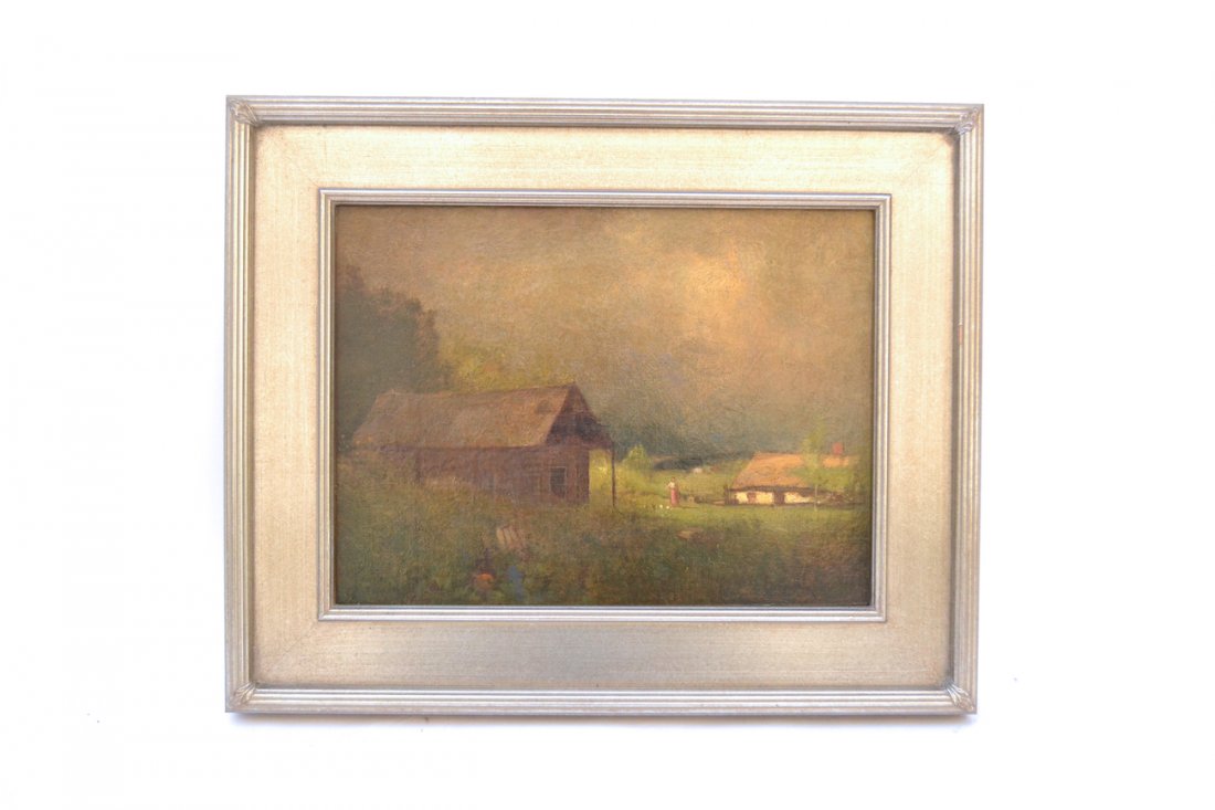 John Francis Murphy, Farm with Figure: Oil on canvas. Depicts farm buildings with woman feeding chicken. Signed bottom right "...F Murphy". [Art: 15 1/2" W x 11 1/2" H; Frame: 21 3/4" W x 17 3/4" H]. Relined. Expertly restored with some in