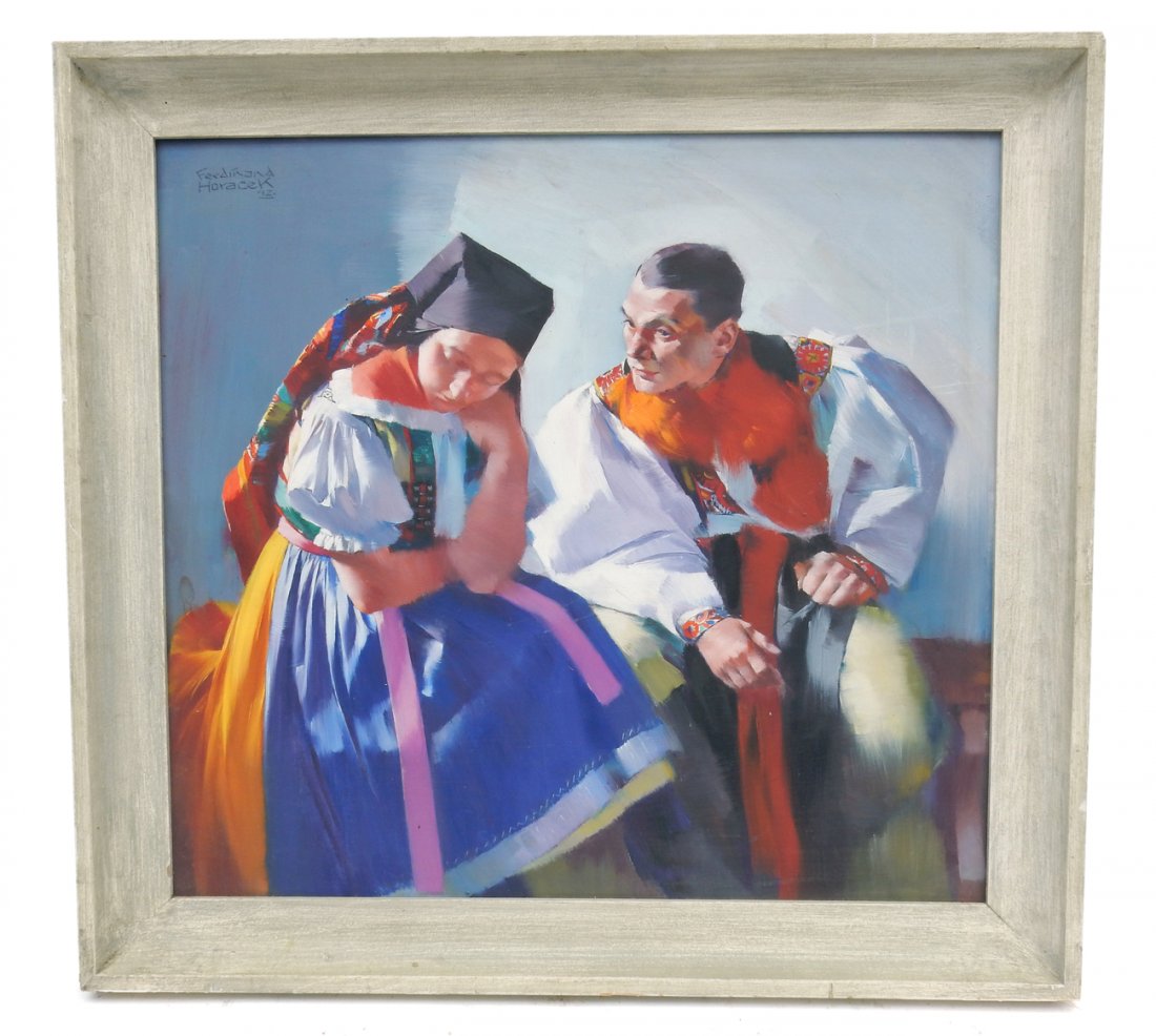 F. Horacek, 2 Figures in Ethnic Costumes: Oil on masonite of two figures possibly in Hungarian costume. Signed "Ferdinand Horacek '42" upper left corner. [Art: 21 1/4" W x 20" H; Frame: 25" W x 23 1/2" H]. Good condition, light soiling. From