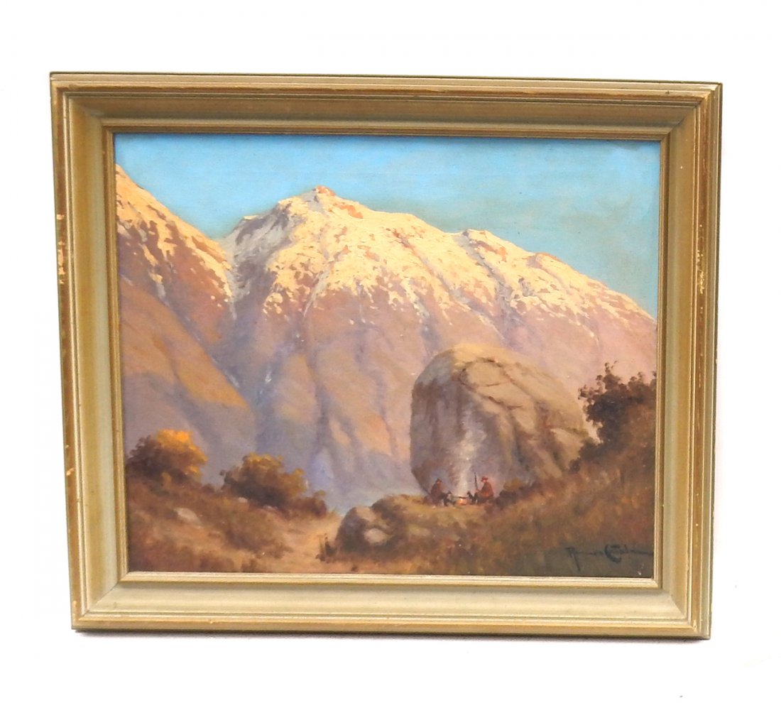 Ramos Catalan, Mountain Landscape: Oil on canvas of snowcapped mountain landscape with two men and two dogs around a campfire. Signed "Ramos Catalan" lower right. [23" W x 19" H; Frame: 27 1/2" W x 24" H]. Good condition, light soiling