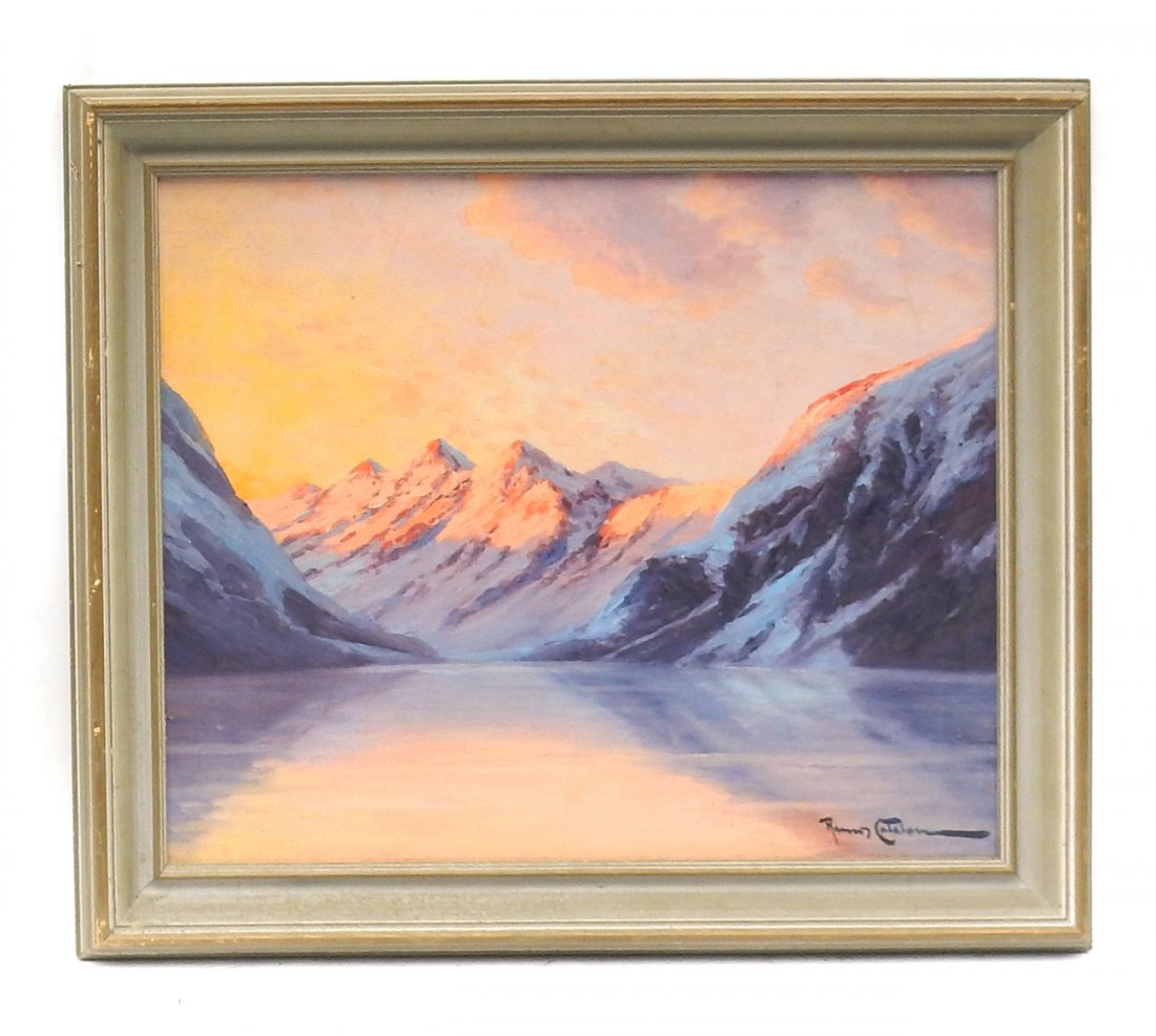Ramos Catalan, Mountain Lake Landscape: Oil on canvas, "Ramos Catalan" signed lower right. Sunset mountain lake landscape. [Art: 23" W x 19" H; Frame: 27 1/2" W x 24" H]. Good condition, light soiling. From Martin Parker / Spencertown Art a
