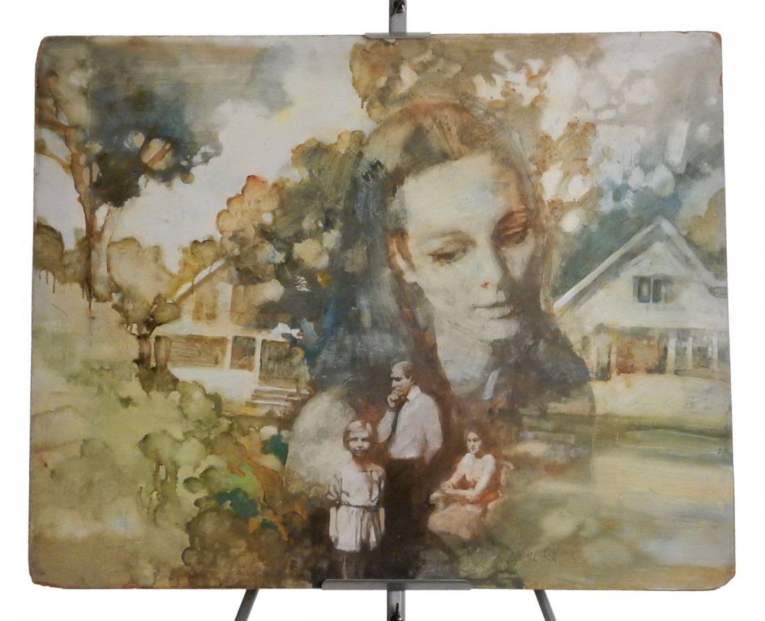James Hill, Family Illustration.: "James Hill" signed lower right. Family illustration. House woman, thinking man, sitting girl and young girl. Oil wash on masonite. [Art: 37 1/2" W x 27" H]. Unframed. Corners and edges bumped. From M