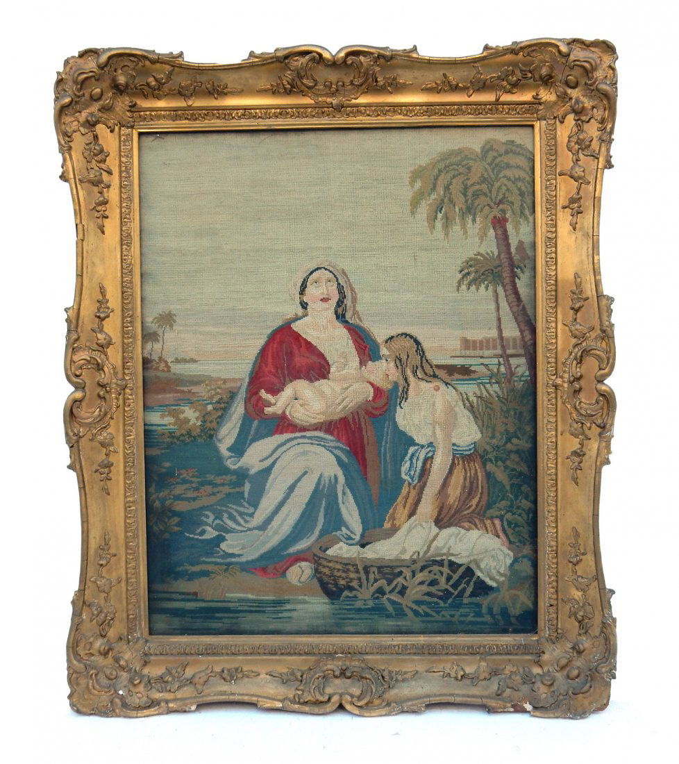 Ant. Needlepoint, Baby Moses Among Reeds: Antique needlepoint. [Image: 23" W x 29 1/2" H; Frame: 31 3/4" W x 38 1/2" H]. Soiling. From Martin Parker / Spencertown Art and Antique Company.