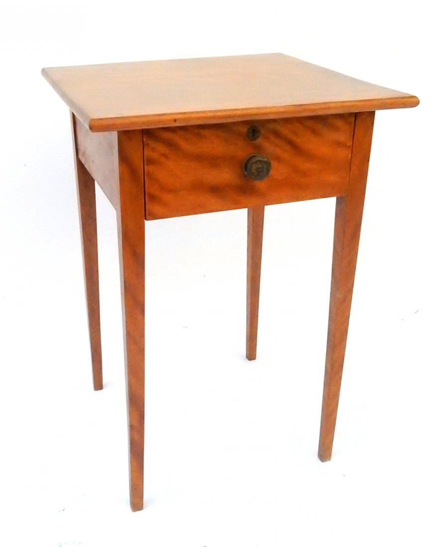 Tiger Stripe Maple Side Table: Maple side table with tapered legs and one drawer. [19 1/2" W x 19" D x 28" H]. Good condition, losses to paint. Removed from Dunhill Headquarters, NYC.