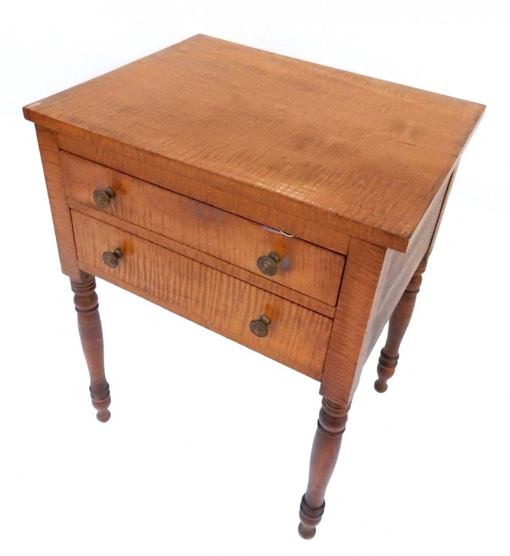 Antique Tiger Striped Maple Side Table: Tiger stripe maple side table with two drawers and brass pulls. [22" W x 17 1/2" D x 28 3/4" H]. Scuff marks.