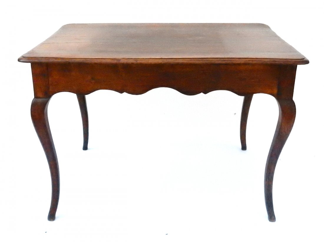 Pine Two-Drawer Writing Table: Low pine writing table with cabriole legs and two drawer; one at either end with copper knobs. [39" W x 27 1/4 D x 26" H]. Scratches and scuff marks.
