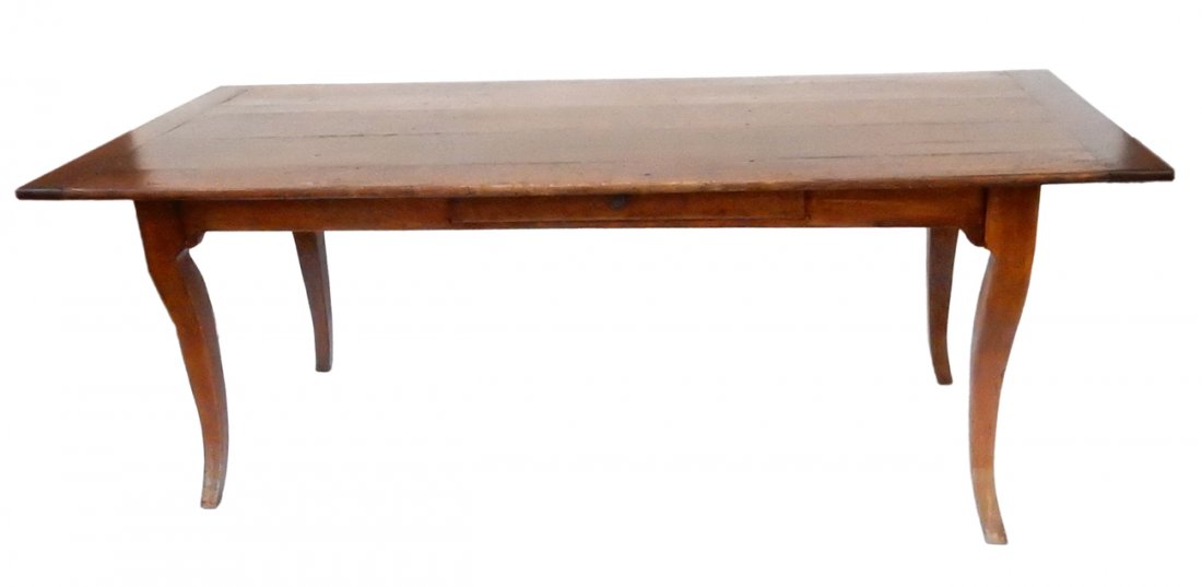Large Pine Harvest Table With Drawer: Wide plank pine harvest dining table with moderate cabriole legs and one drawer with brass knob. [79 3/4" W x 35 1/2" D x 30" H]. Stains, marks, and scratches.