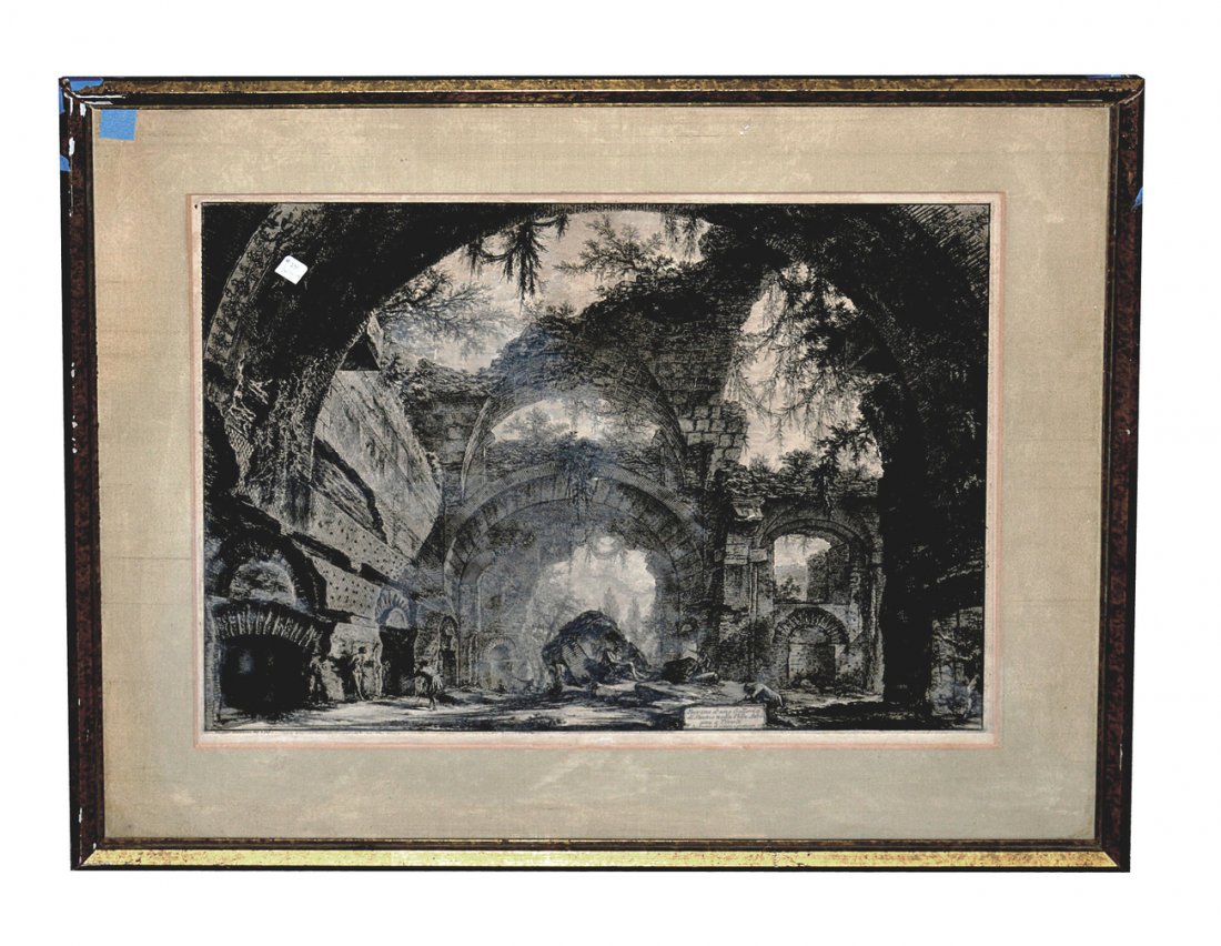 Piranese, Engraving - "Rovina d'Una...": Architectural capriccio depicting a figure within the overgrown ruins. Signed in-the-plate: "Cavalier Piranesi..." Age-toning, otherwise, in good condition. [Image: 17 1/2" x 22 1/2"; Frame: 26 1/2" x