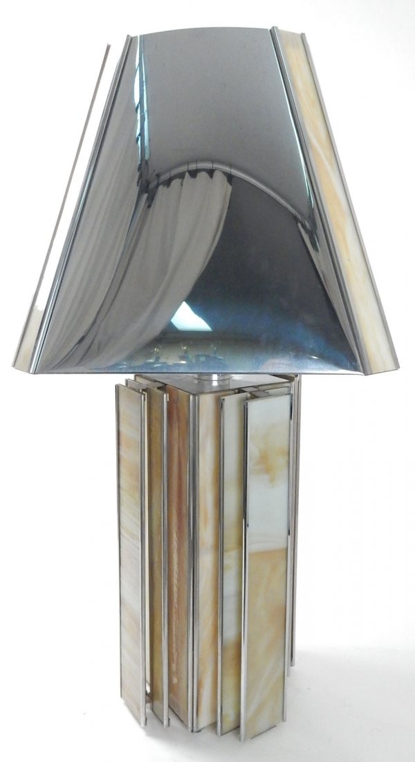 Curtis Jere Table Lamp: Chromed steel table lamp & shade featuring 24 striated brown & white striated glass insets. [Overall 17 1/4" Sq. x 35" H to finial]. Few scuffs & scratches. From Retro Modern 20th Century Lighting.