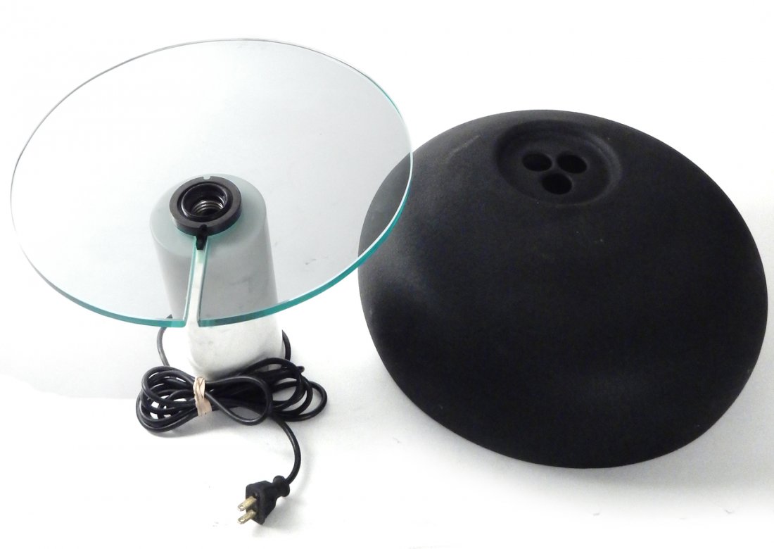 Achille Castiglione "Snoopy" Lamp: Manufactured in Italy for Flos. Comprises cylindrical marble base, glass under plate and matte black painted aluminum shade. [15" W x 15 1/2" D x 14 1/2" H]. Shade bears scuffs and shallow impressions