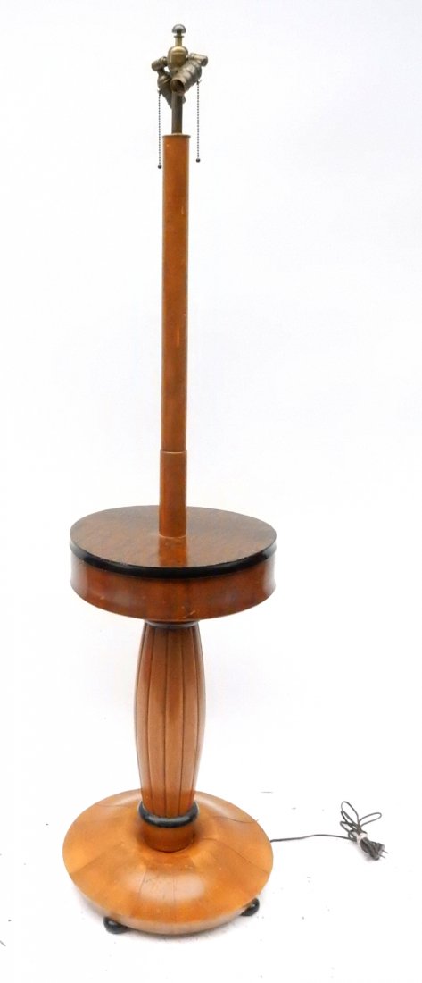 Biedermeier Style Floor Lamp: 1920's maple and walnut floor lamp with circular shelf and balustrade form support. [15 3/4" Dia x 64 1/2" H]. Wear with scuffs and scratches. From Retro Modern 20th Century Lighting.