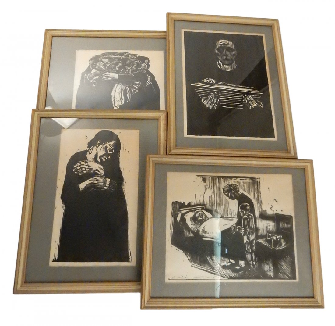 Lot of Four Prints, Framed: Comprises: 1.) Reproduction prints of Kathe Kollwitz woodcuts. [Art: 18" W x 14" H; Frames: 19 1/2" W x 15 1/4" H]. Good condition.