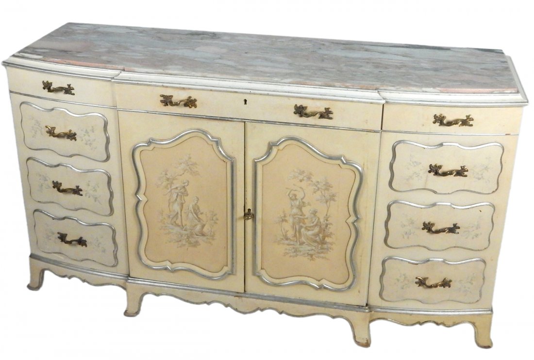 Venetian Painted Sideboard: Creme, floral decorated marble inset sideboard with nine drawers and two doors. [64" W x 21 1/2" D x 34 1/2" H]. Soiled, overall good condition.