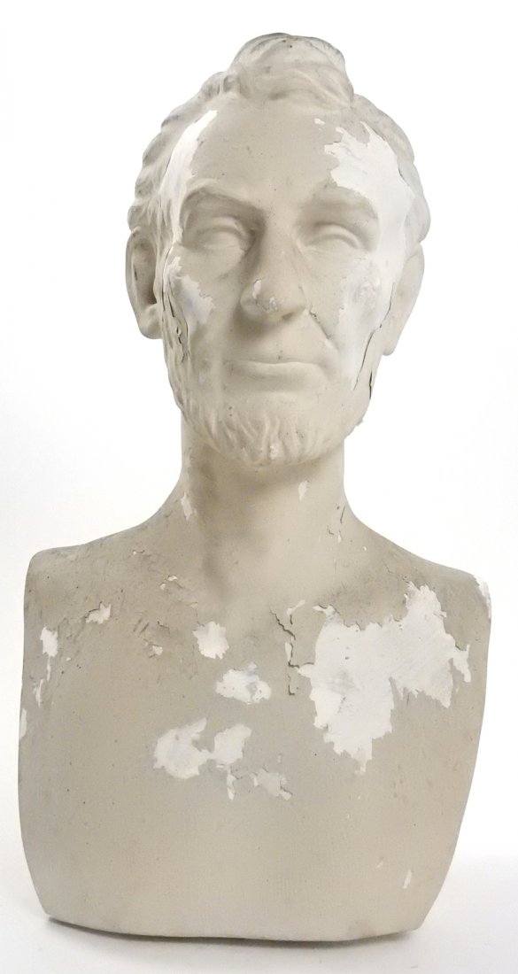 Composition Plaster Abraham Lincoln Bust: Vintage larger-than-life bust with open back. Unsigned. [14" W x 15 5/8" D x 21" H]. Soiling, flaking paint, and scuffs throughout. Sold "as is". From Martin Parker / Spencertown Art and Antique Compa