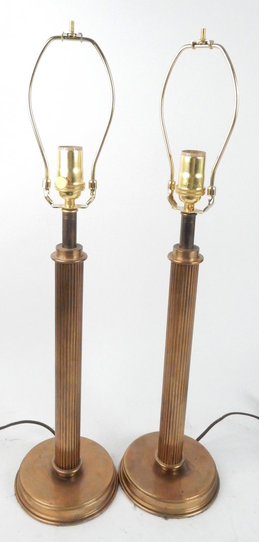 Pair of 1930s Bronze Column Table Lamp: Classical style bronze column shaft, circular base. [6 1/4" Dia. x 20" H]. Good condition. From Retro Modern 20th Century Lighting.