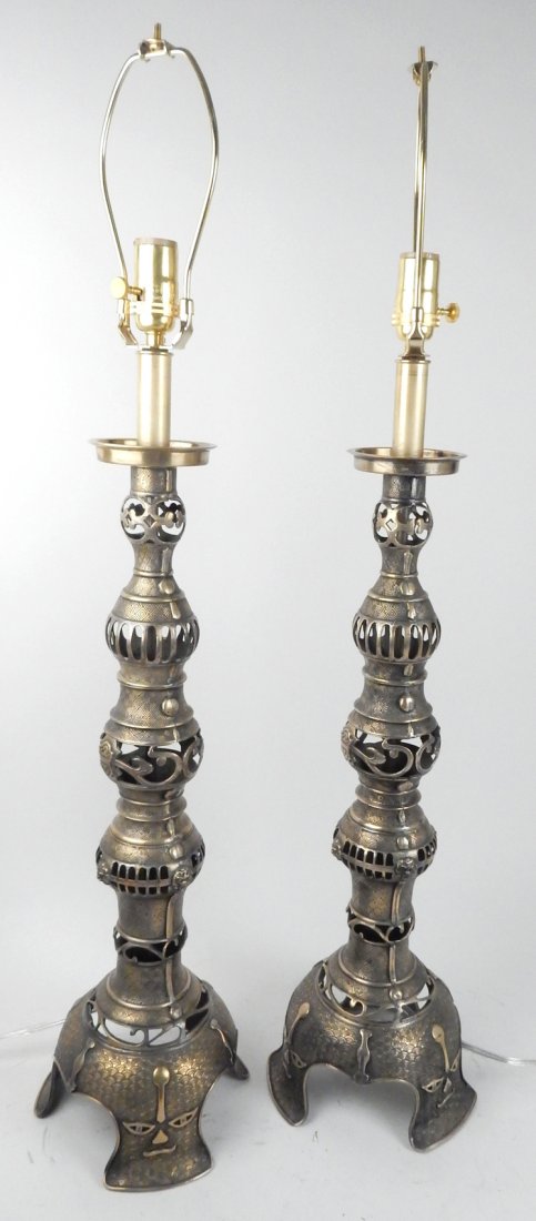 Pair of 1940s Oriental Brass Table Lamps: Turned brass column table lamps with silver finish. [7" W x 7"D x 29 1/4" H]. Good condition. From Retro Modern 20th Century Lighting.
