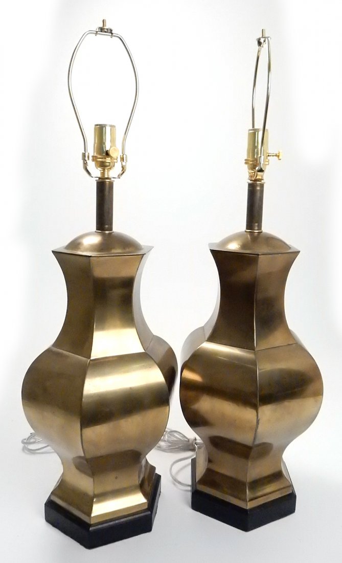 Pair 1940s Classical Modern Table Lamps: Pair of hexagonal vase form brass table lamps. [10" W x 10" D x 24" H]. Good condition. From Retro Modern 20th Century Lighting.