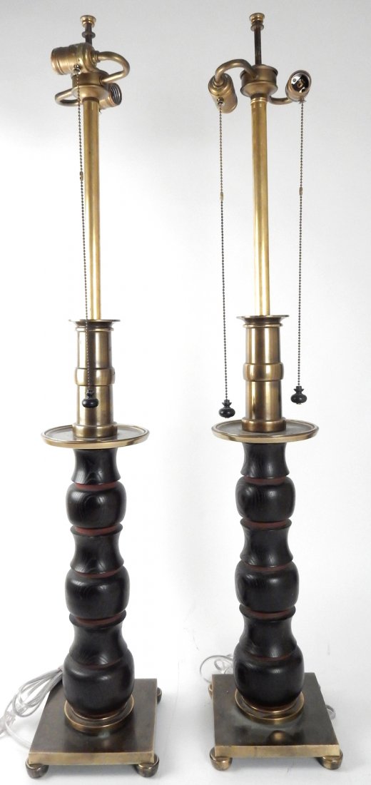 Pair of Modernist 1950s Table Lamps: Square base turned wood and brass shaft table lamps. [7 1/8" sq. base x 42 1/2" H]. Good condition. From Retro Modern 20th Century Lighting.