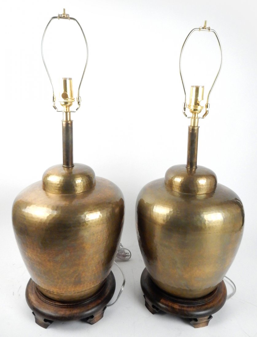 Pair of 1940s Hammered Brass Table Lamps: Ginger jar form. [12" Dia (shoulders) x 23" H]. From Retro Modern 20th Century Lighting.