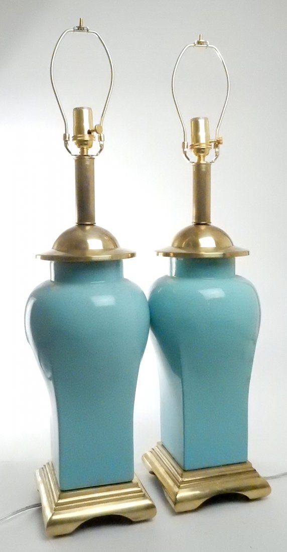 Pair 1940 Art Moderne Table Lamps: Vase form porcelain shaft with brass base and hardware. [7 3/4" Dia. (shoulders) x 25" H]. From Retro Modern 20th Century Lighting.