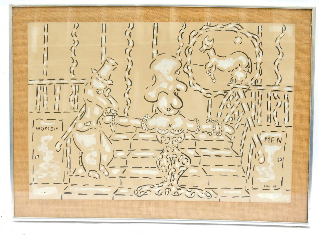 William Nelson Copley, Performers: In and gouache. Depicts a female singer with escort and horse in background. Signed bottom right "CPLY 65". [Art: 24" x 16" mounted underglass in frame; Frame: 27 1/2" x 19 3/4"]. Age toning, pin hole