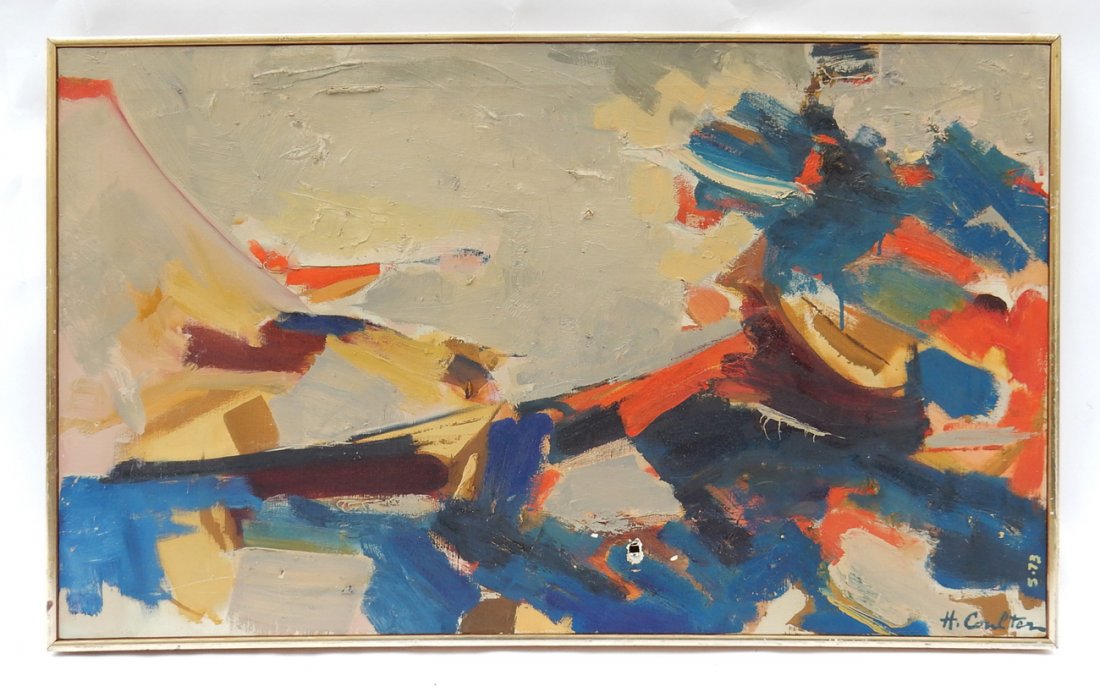 H. Coulter, Abstract, Oil on Canvas: Abstract expressionist composition. Signed bottom right "H. Coulter / 5.73". [Art: 35" W x 21" H; Frame: 36" W x 22" H]. Soiling, some craquelure, and hole at lower center right. From Martin Parker / 