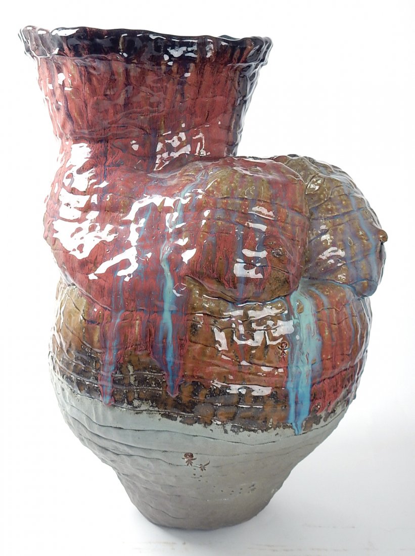 Abstract Ceramic Vessel: Decorated ceramic vessel/umbrella stand. [18" L x 11 1/2 Dia (top) x 23" H]. Good condition.