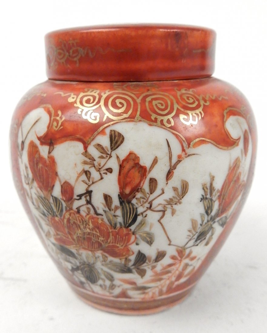 Small Japanese Covered Ginger Jar: Small Japanese ginger jar with cover, ironstone red, flowers with gilt trim. [3" W x 3" H]. Good condition. From Martin Parker / Spencertown Art and Antique Company.