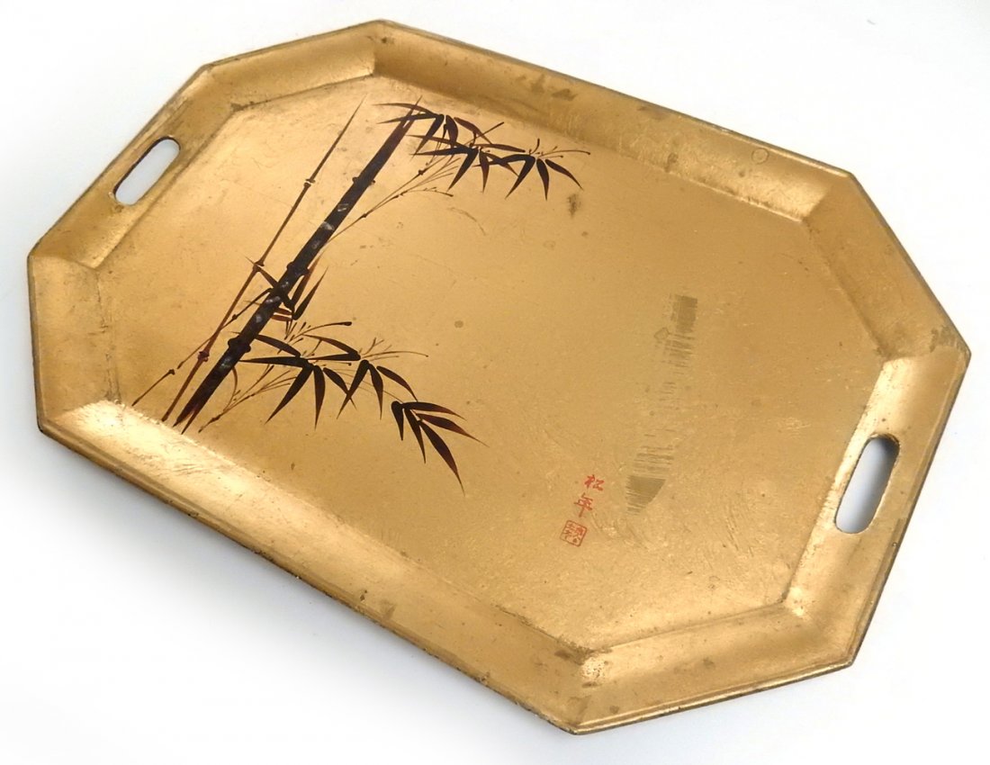 Asian Wood Gold Leaf Tray: Gold leaf top with bamboo tree design. Bearing calligraphic symbols on front. [19" W x 13" D x 1" H]. Scuffs and wear. From Martin Parker / Spencertown Art and Antique Company.