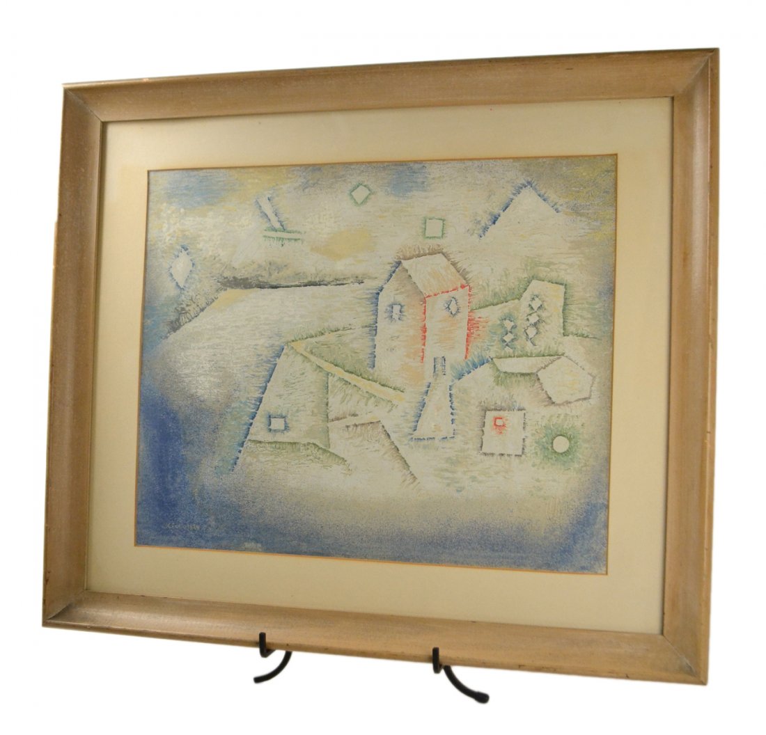 After Paul Klee, Gouache - Houses: Abstract composition with houses and geometric elements. Signed bottom left illegibly. [Art: (sight) 17" x 13 3/4"; Frame: 23 1/2" x 20 1/4"]. Bears and illegible embossed blindstamp at bottom right. 