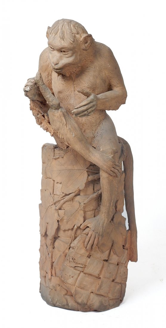 Terracotta Sculpture of a Monkey: Terracotta sculpture of a seated monkey on a woven basket with carrot. Signed illegibly. [26" H x 9" W x 12" D]. Bears old repairs, fissures and minor losses.