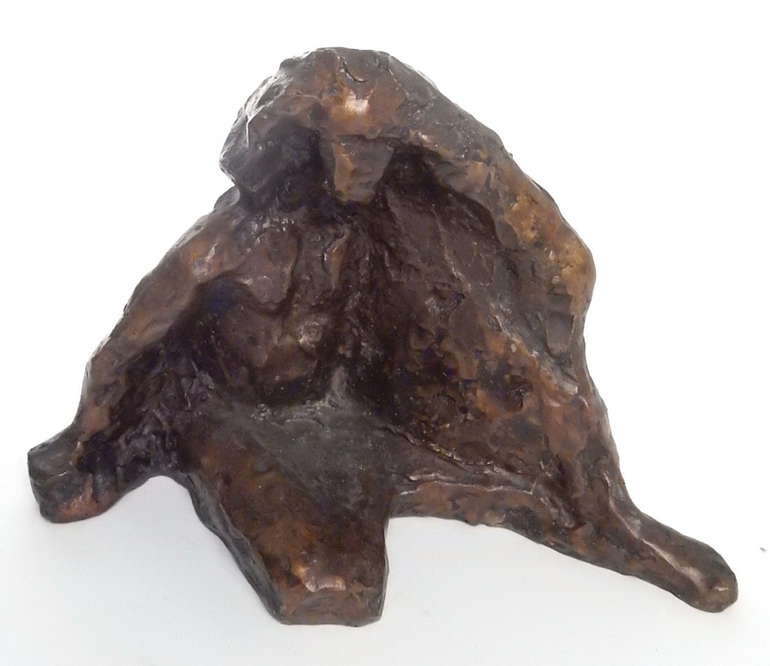 Abstract Bronze Figure, Signed: Abstract bronze figure with brown patina. Signed illegibly on back. [11" W x 5 1/2" D x 7 1/2" H]. Good condition. From Martin Parker / Spencertown Art and Antique Company.