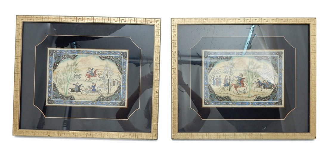 Pair of Vintage Persian Paintings: Paintings on creme panels comprises two hunting scenes with noblemen on horseback pursuing various animals with lances and bow and arrows. [Images: 10 1/2" x 7 1/2"; Frames: 18 3/4" x 15 3/4"]. Both i