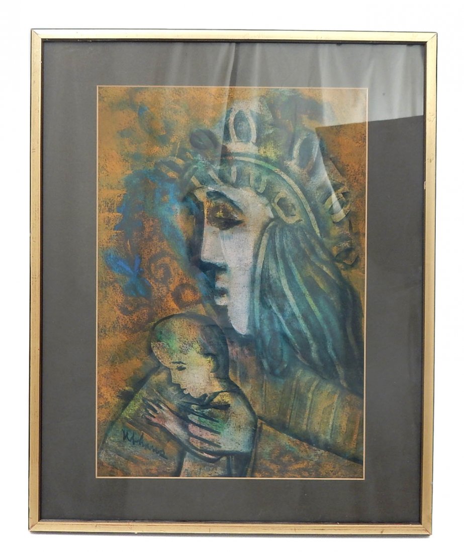 Mixed Media - "Lady Liberty and Child": Framed mixed media. "Lady Liberty and Child". Signed illegibly. [Art: 11" W x 16" H; Frame: 16 3/4" W x 20 3/4" H]. Good condition.