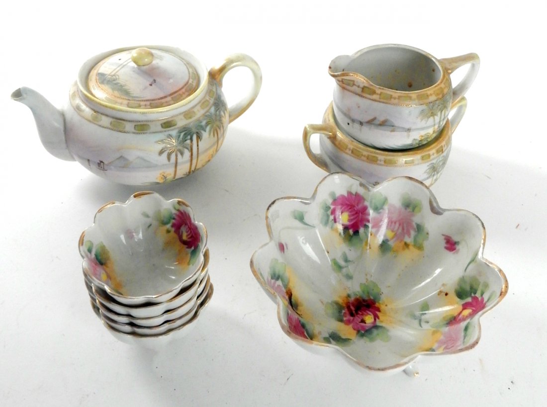 Assorted Japanese Porcelain, Nine Pieces: Five nut dishes, one bowl. Royal Nippon tea ware: Teapot, creamer, sugar bowl (missing lid). [Teapot: 8 1/4" W x 5 1/4" D x 4 1/4" H; Nut dish: 3" Dia. x 1 5/8" H], Wear as with age. From Martin Parke
