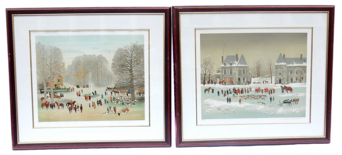 Michel Delacroix, Two Hunt Scenes: Michel Delacroix, (French, b. 1933). Two works each signed and editioned 748/750 lower margin. Color lithograph. Framed. [Image:18 1/2" x 23 1/2"]. Good condition.