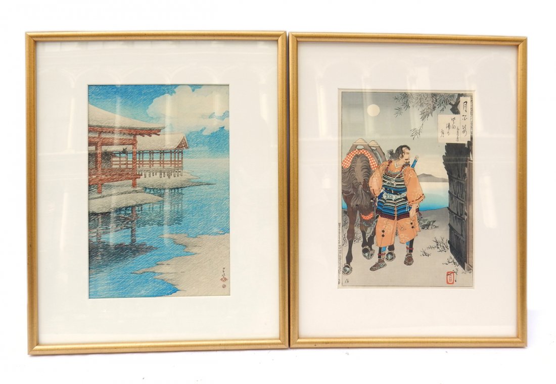 Two Japanese School Woodblock Prints: Comprises: 1.) Yoshitoshi Taiso (Japanese, 1839-1892), titled on verso "100 Views of the Moon". Framed. [Image: 13" x 9"]. Good apparent condition. 2.) Unknown Artist, woodblock print depicting pagoda