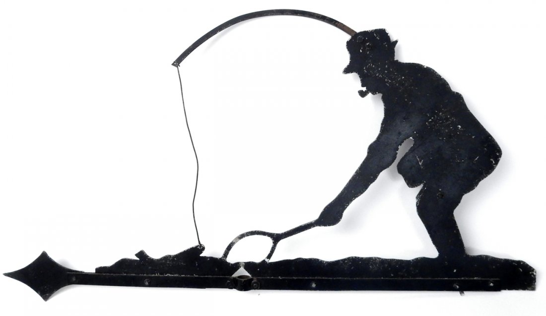 American Tole Weathervane of Fisherman: Having weathered finish. [12" x 23"]. From Martin Parker / Spencertown Art and Antique Company.