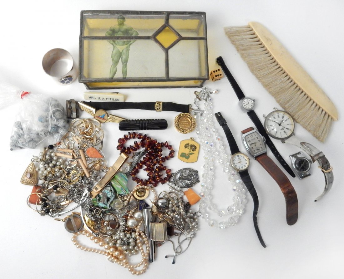 Assorted Costume Jewelry: Comprises: Watches, pearls, crystal necklace, Baltic Amber necklace, and assorted costume jewelry. Including a leaded glass box [6"W x 3 1/2" D x 1 1/2' h]. "As is".