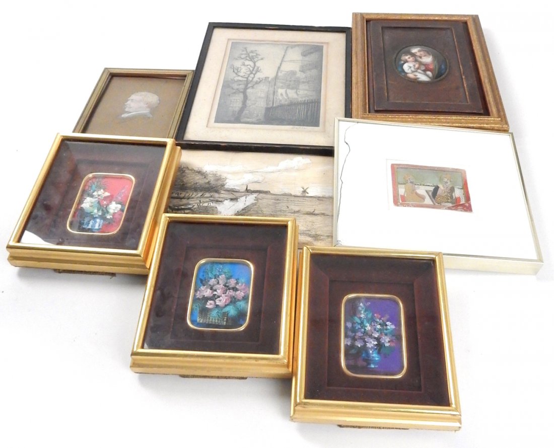 Eight Assorted Pictures: Seven framed; unframed. One etching by Leon Dolice,(American) signed lower right with foxing. [Image: (largest) 8” x 6”; (smallest) 2 3/4“ x 3 3/4“]. Overall fair condition, one having cracked